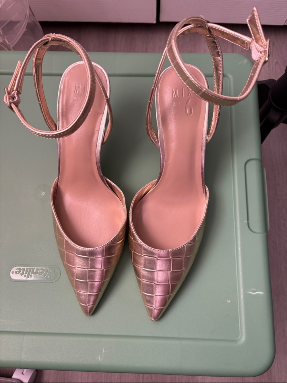 Metallic Gold Pointed Toe Ankle Strap Heels